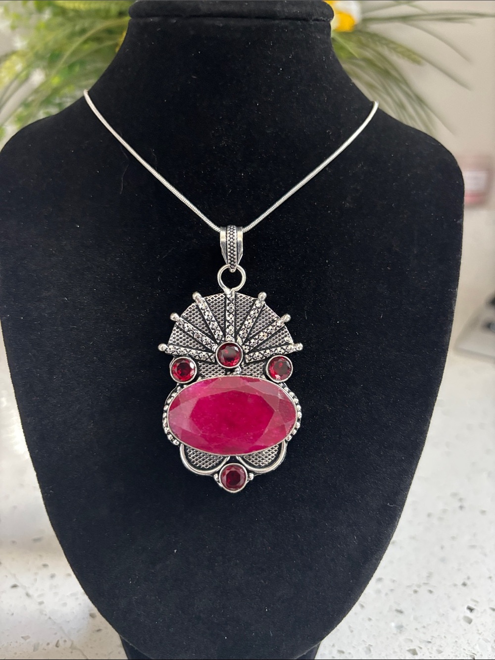 Sterling Silver Simulated Ruby & Garnet Gemstone Pendant Necklace
